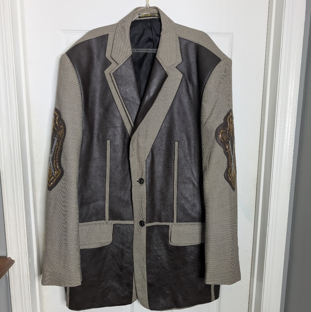 American Chang Wool Blazer with Bling Elbow Patches~ Leather Button Up Front